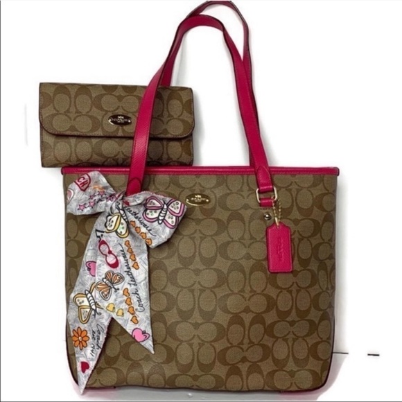 Coach Khaki Brown Pink Signature C Tote Bag Wallet Check Scarf Set 34603 Barbie - Picture 2 of 8